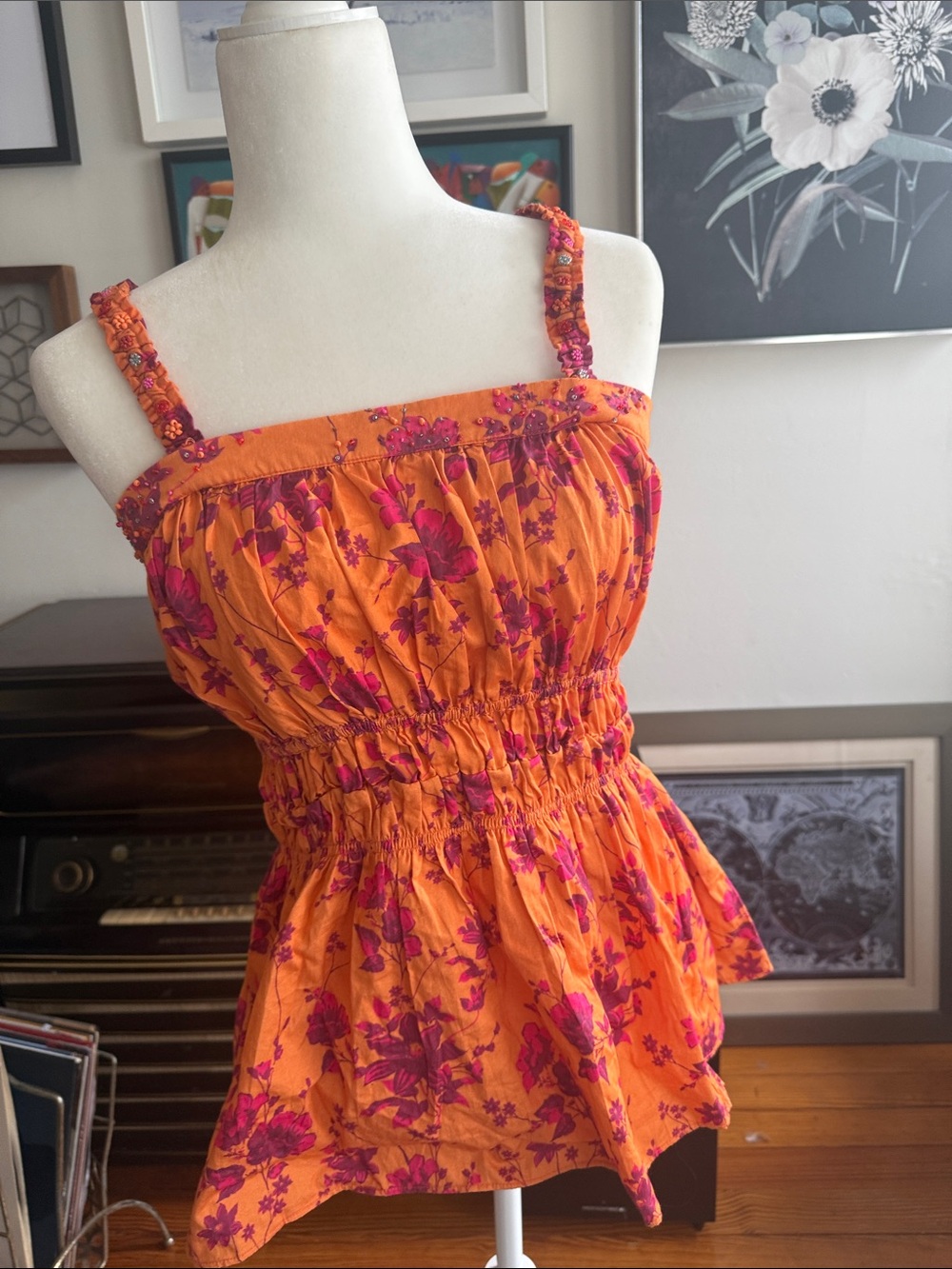 Anthropologie Orange shirt with Pink Floral Accents